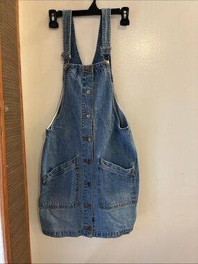Denim Button-Front Overall Dress Romper - Blue